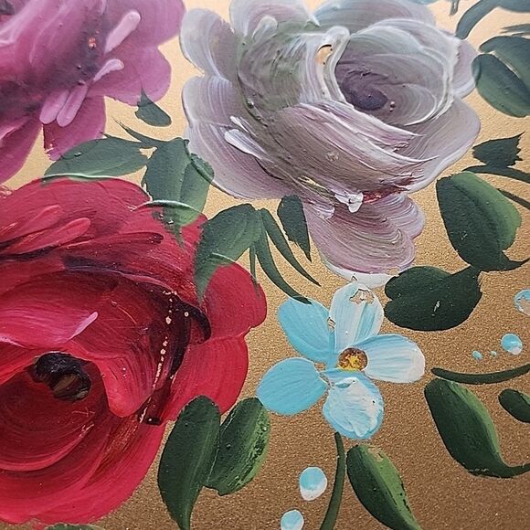 Vintage Handpainted Gold Tone Toleware Tray Coquette - Picture 2 of 8